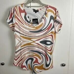 Poof! Women's V-Neck Swirl Tee - Red, Yellow, Black